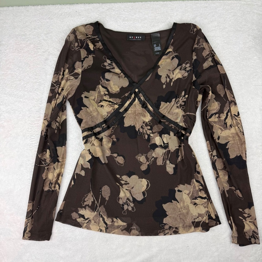 Axcess Y2K Liz Claiborne Brown Floral Mesh Long Sleeve V-Neck Top Large Empire